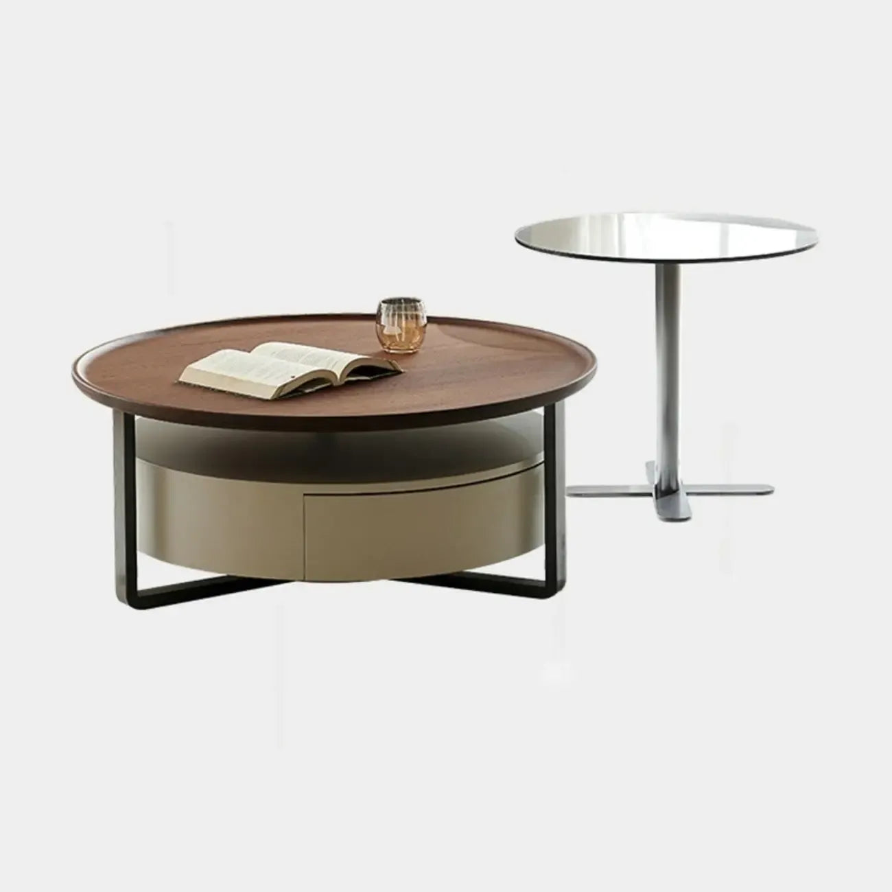 Table basse moderne ronde en bois avec tiroir