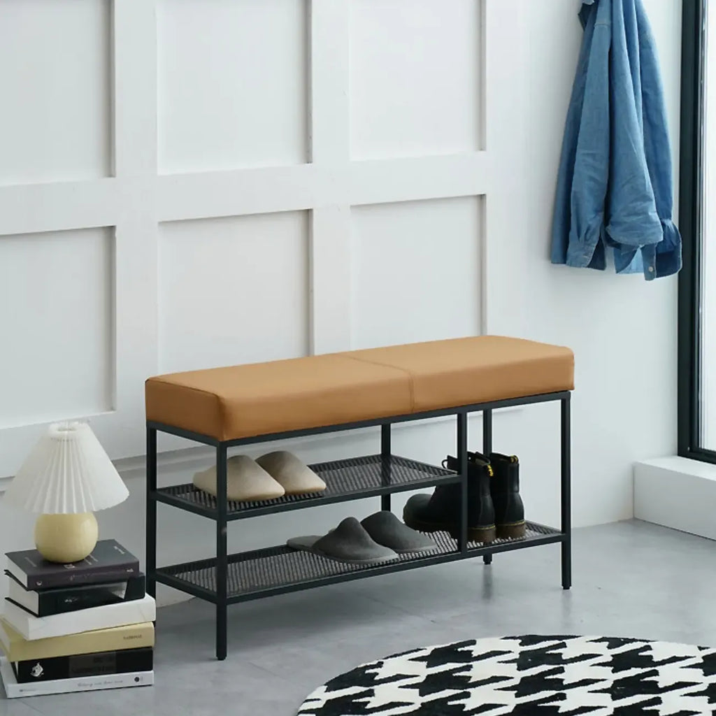 Banc d'entrée en métal avec rangement à chaussures et assise rembourrée