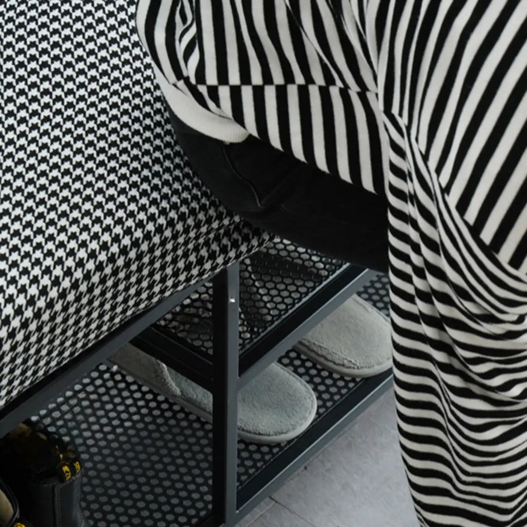 Banc d'entrée en métal avec rangement à chaussures et assise rembourrée