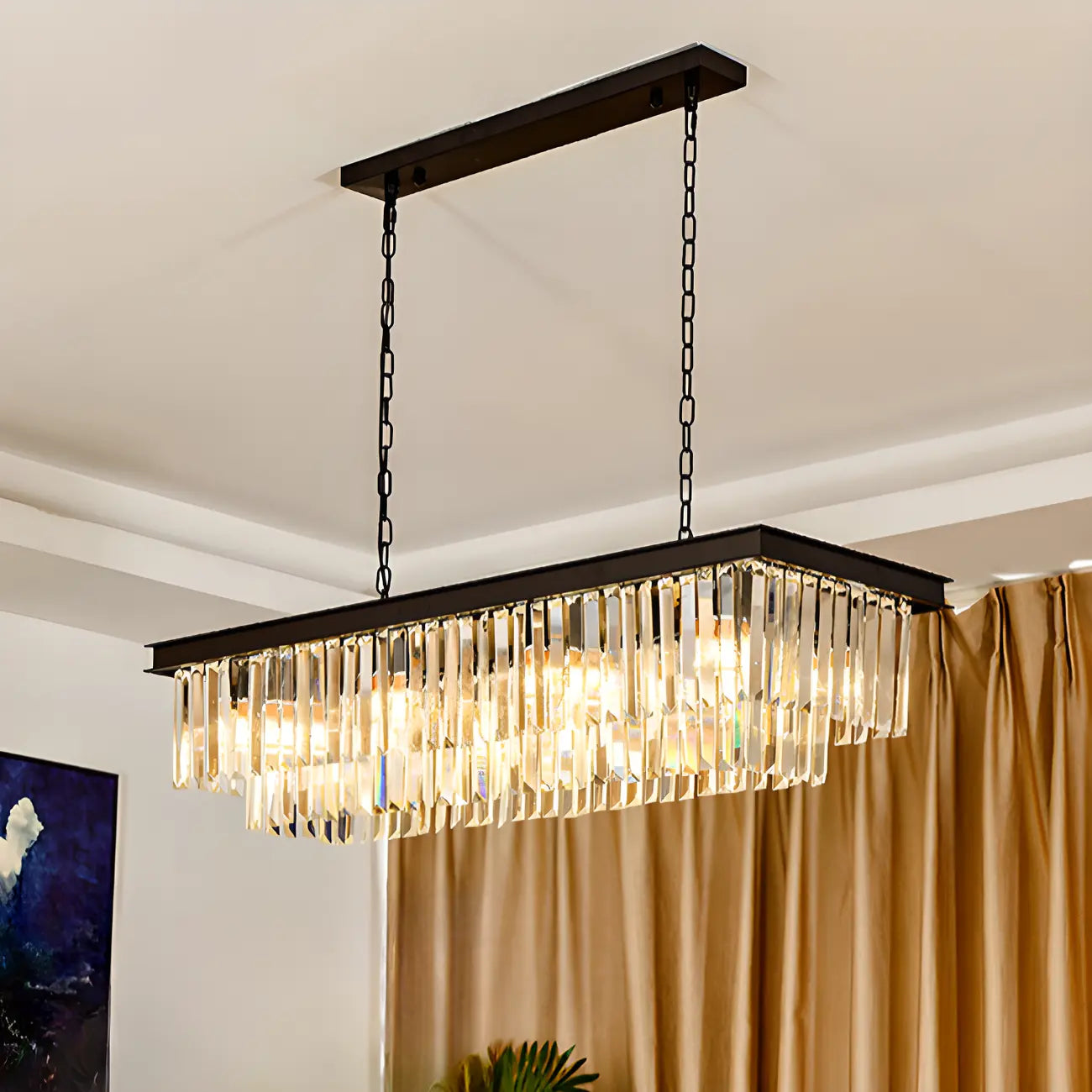 Suspension moderne rectangulaire en cristal réglable pour îlot de cuisine