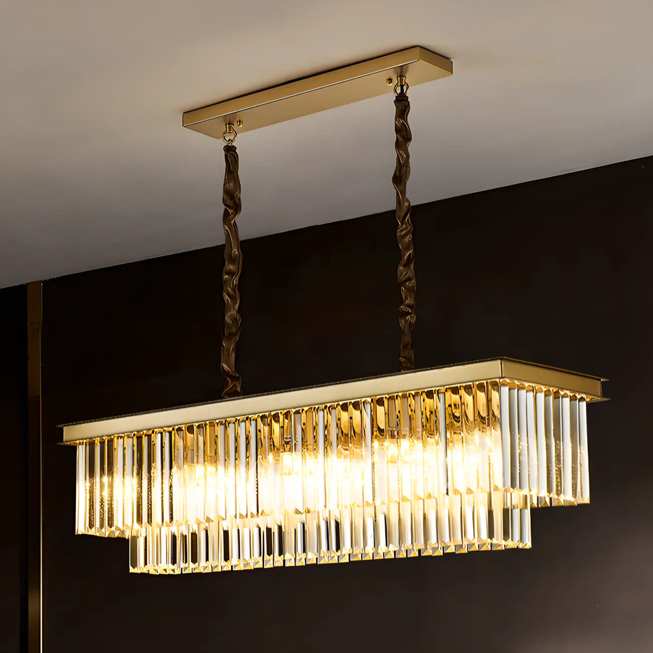 Suspension moderne rectangulaire en cristal réglable pour îlot de cuisine