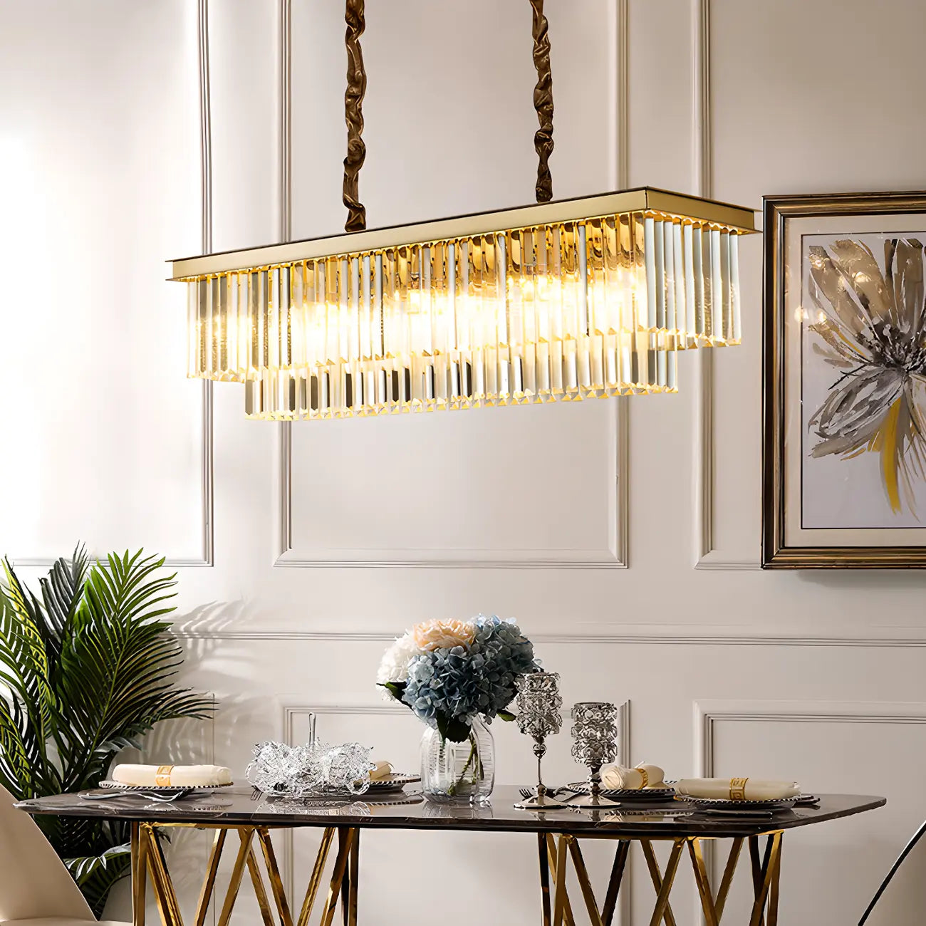 Suspension moderne rectangulaire en cristal réglable pour îlot de cuisine