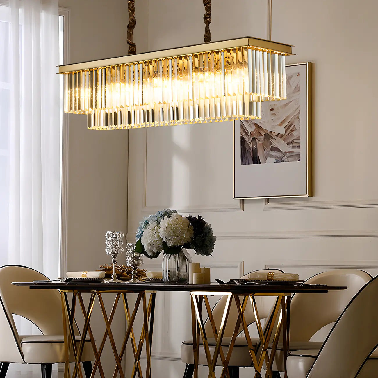 Suspension moderne rectangulaire en cristal réglable pour îlot de cuisine