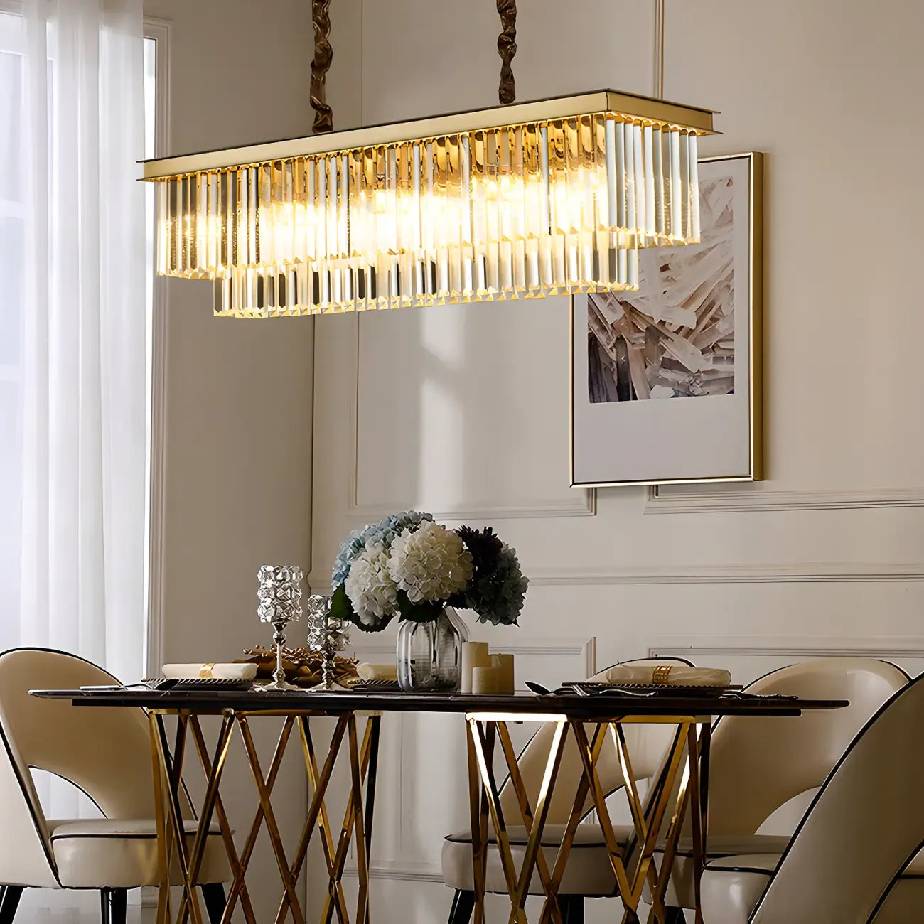 Suspension moderne rectangulaire en cristal réglable pour îlot de cuisine