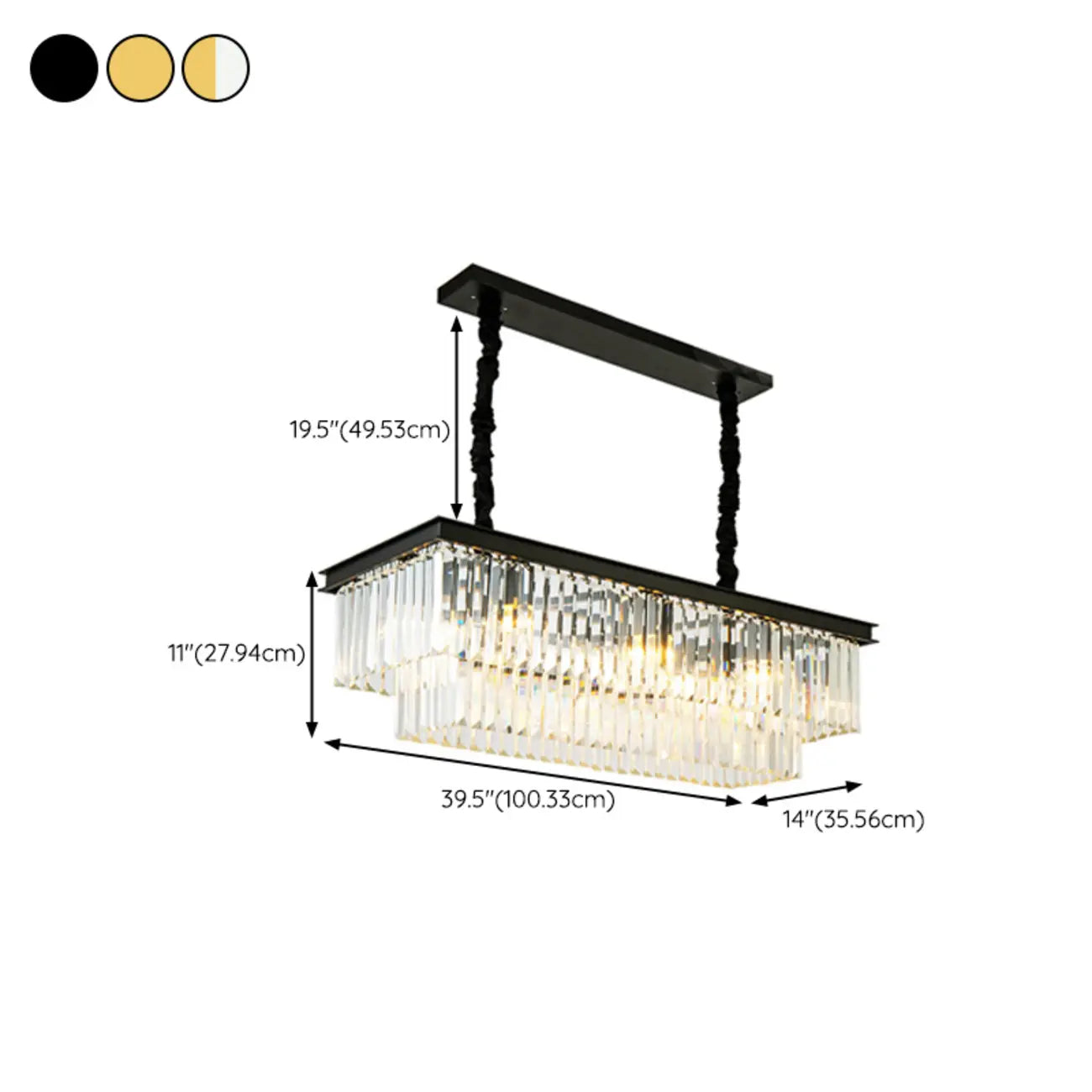 Suspension moderne rectangulaire en cristal réglable pour îlot de cuisine