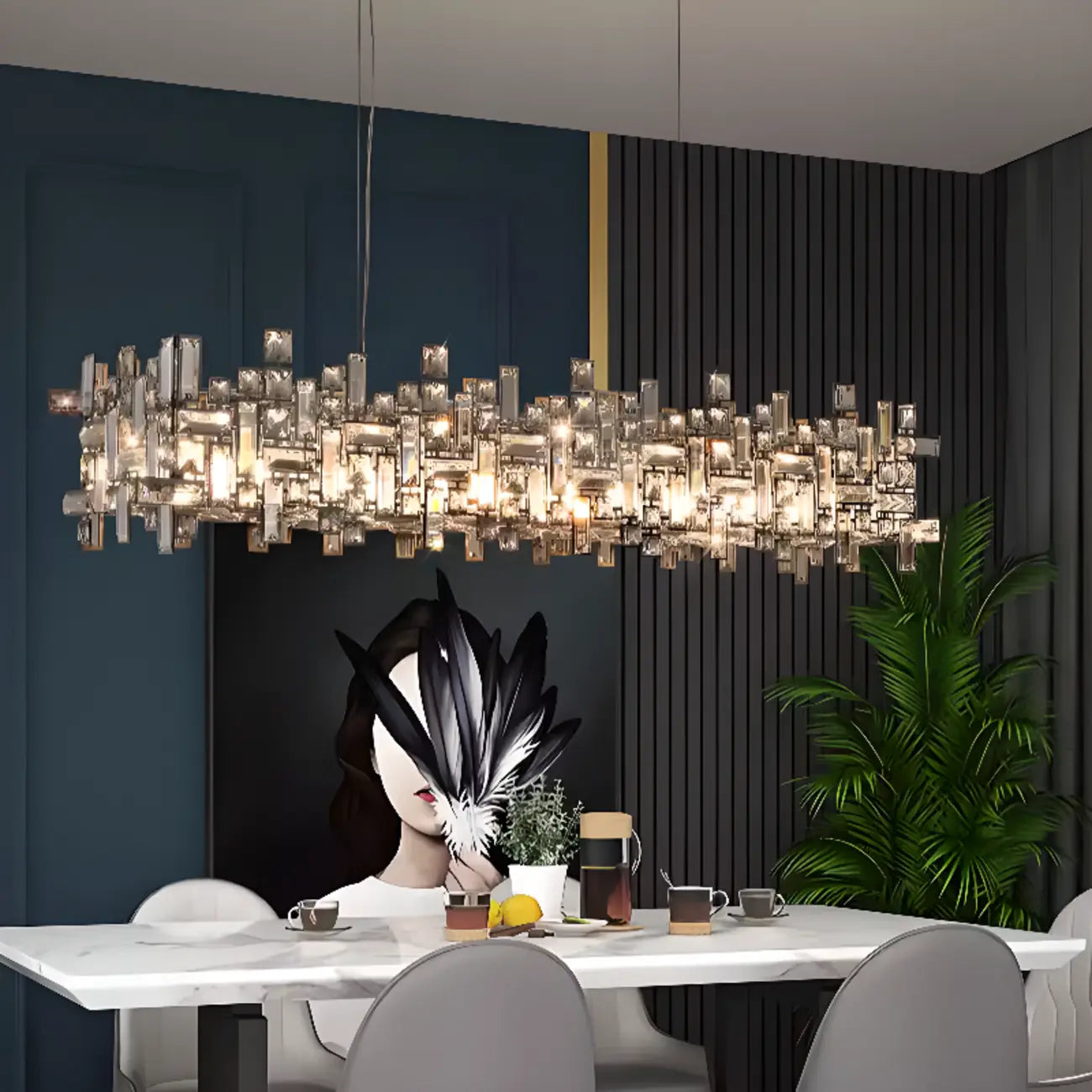 Suspension LED moderne en cristal pour îlot de cuisine, avec variateur à 3 niveaux d'intensité.
