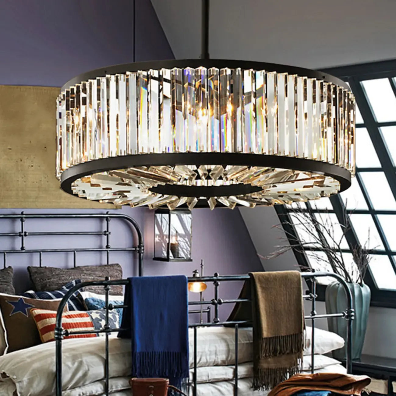 Lustre tambour en cristal et métal noir moderne