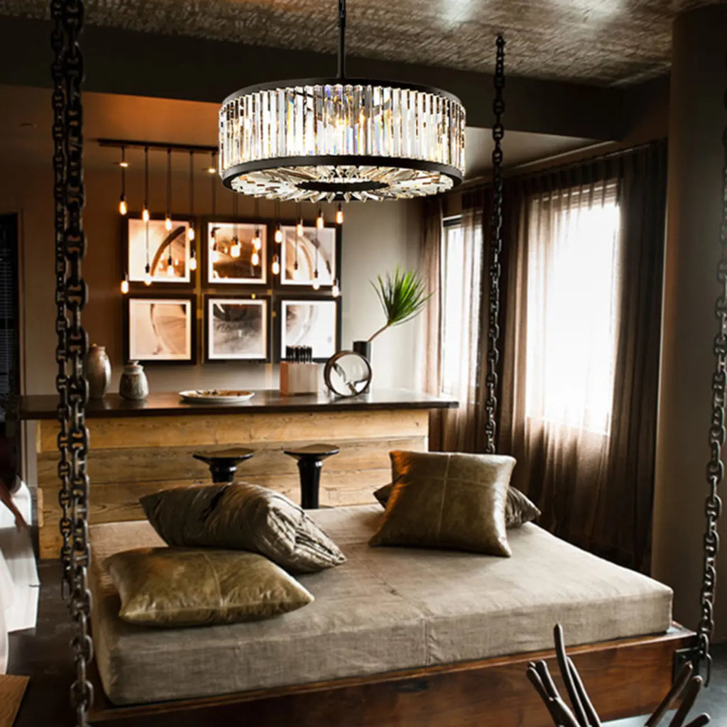 Lustre tambour en cristal et métal noir moderne