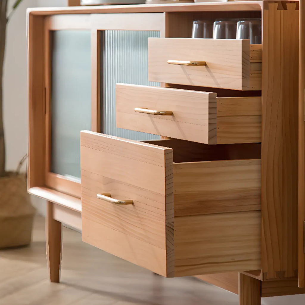 Buffet à trois tiroirs et portes coulissantes en bois naturel