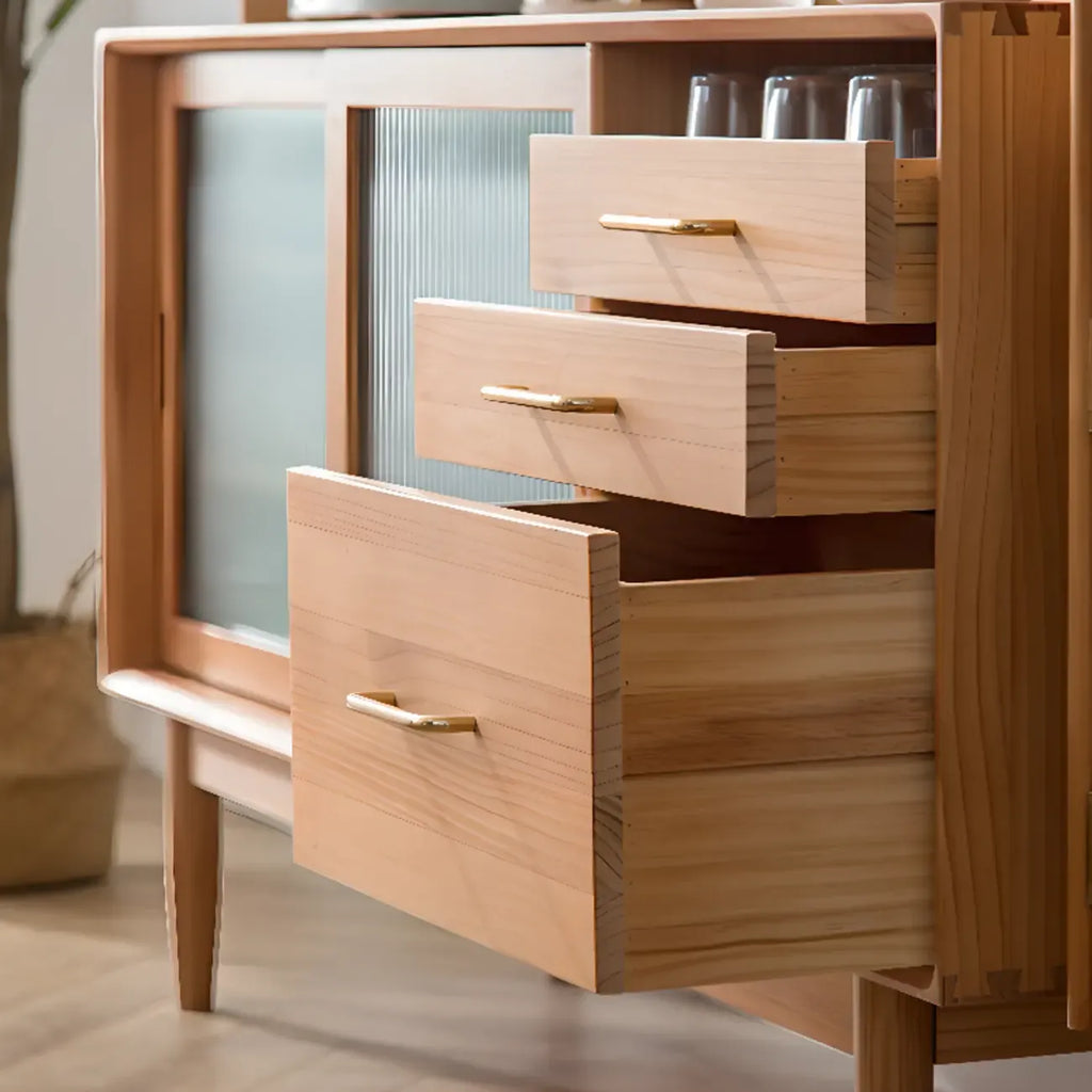 Buffet à trois tiroirs et portes coulissantes en bois naturel