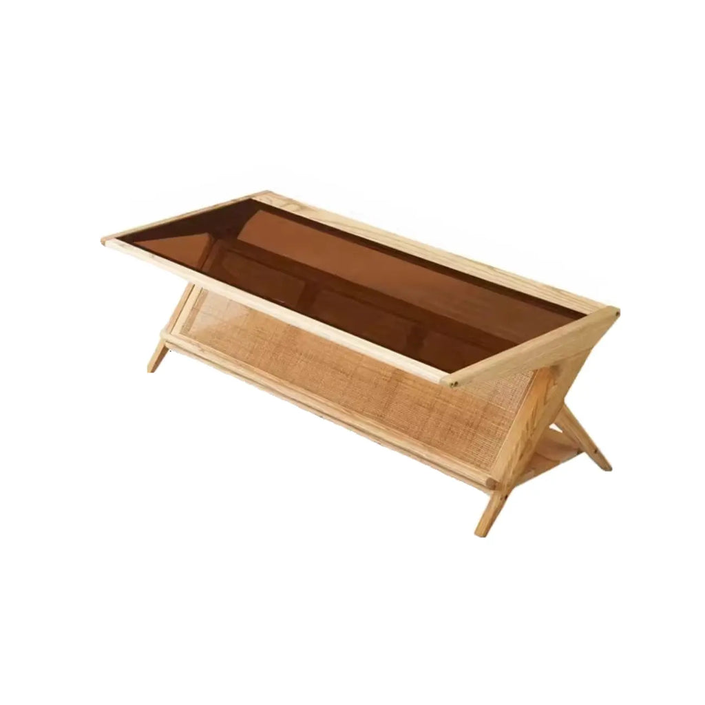 Table basse rectangulaire moderne en verre et bois marron avec étagère