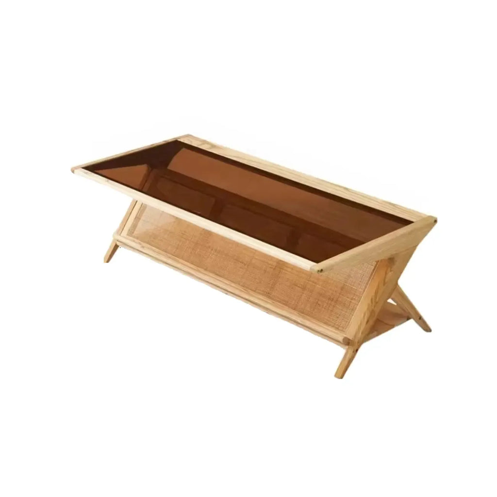 Table basse rectangulaire moderne en verre et bois marron avec étagère