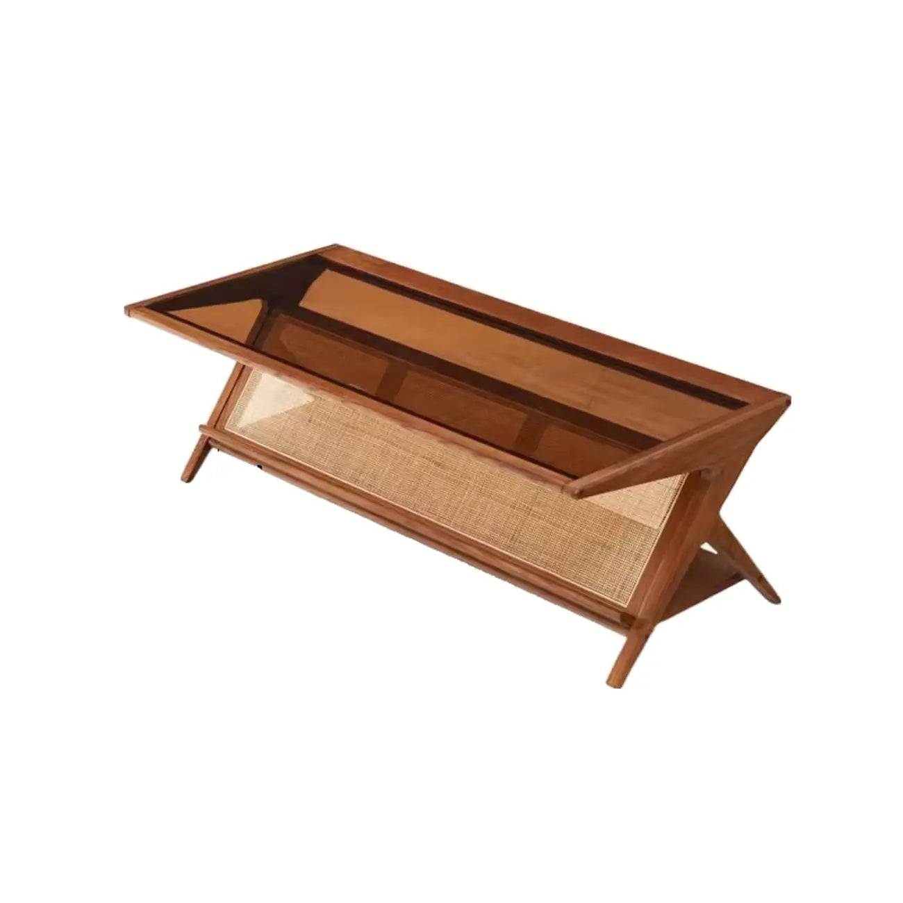 Table basse rectangulaire moderne en verre et bois marron avec étagère