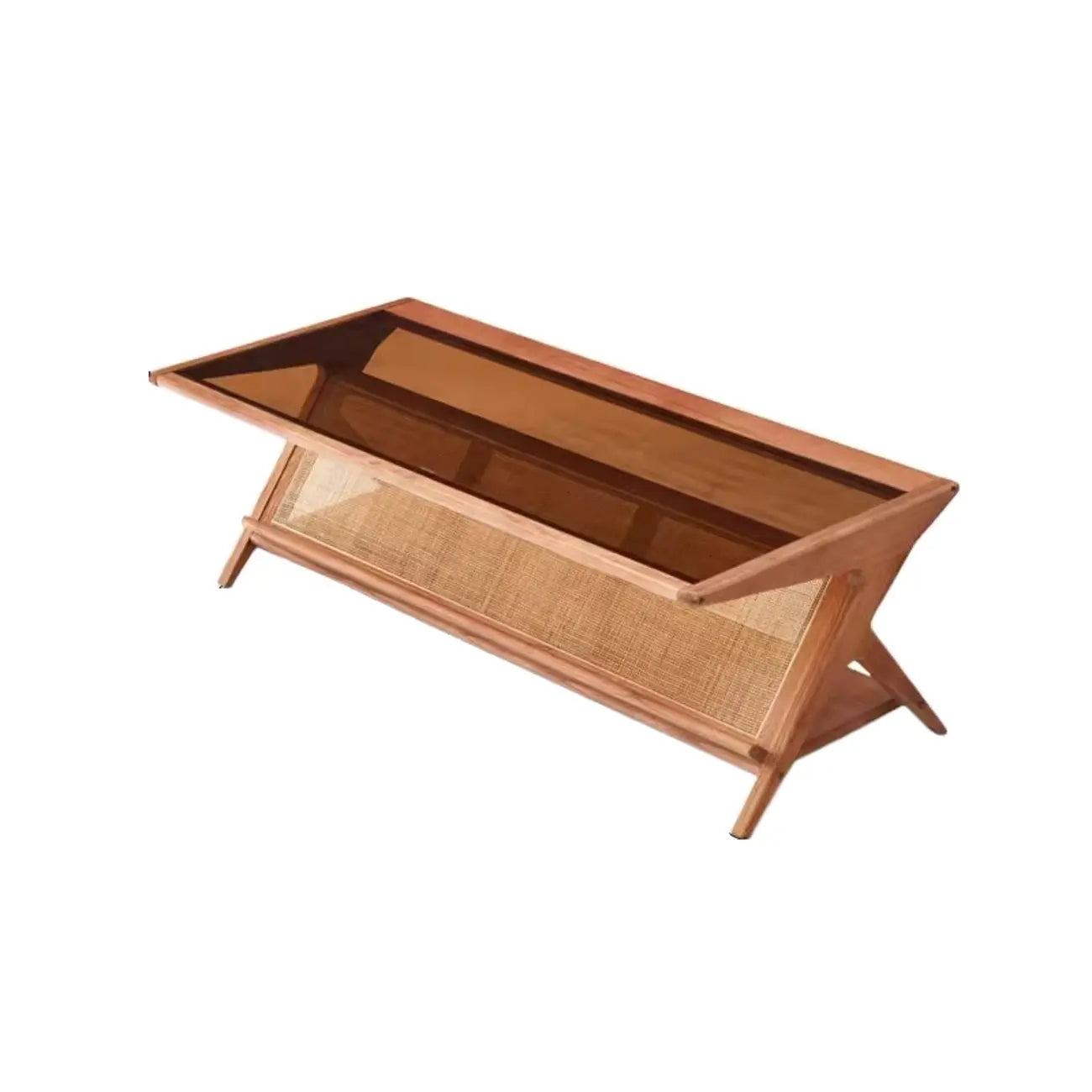 Table basse rectangulaire moderne en verre et bois marron avec étagère