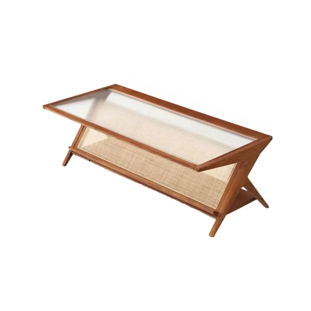 Table basse rectangulaire moderne en verre et bois marron avec étagère