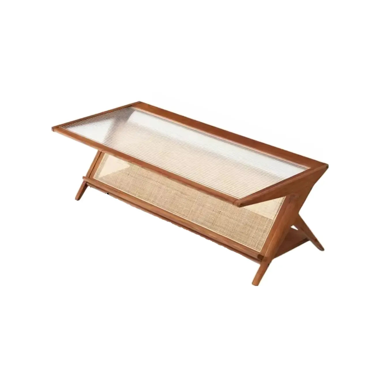 Table basse rectangulaire moderne en verre et bois marron avec étagère