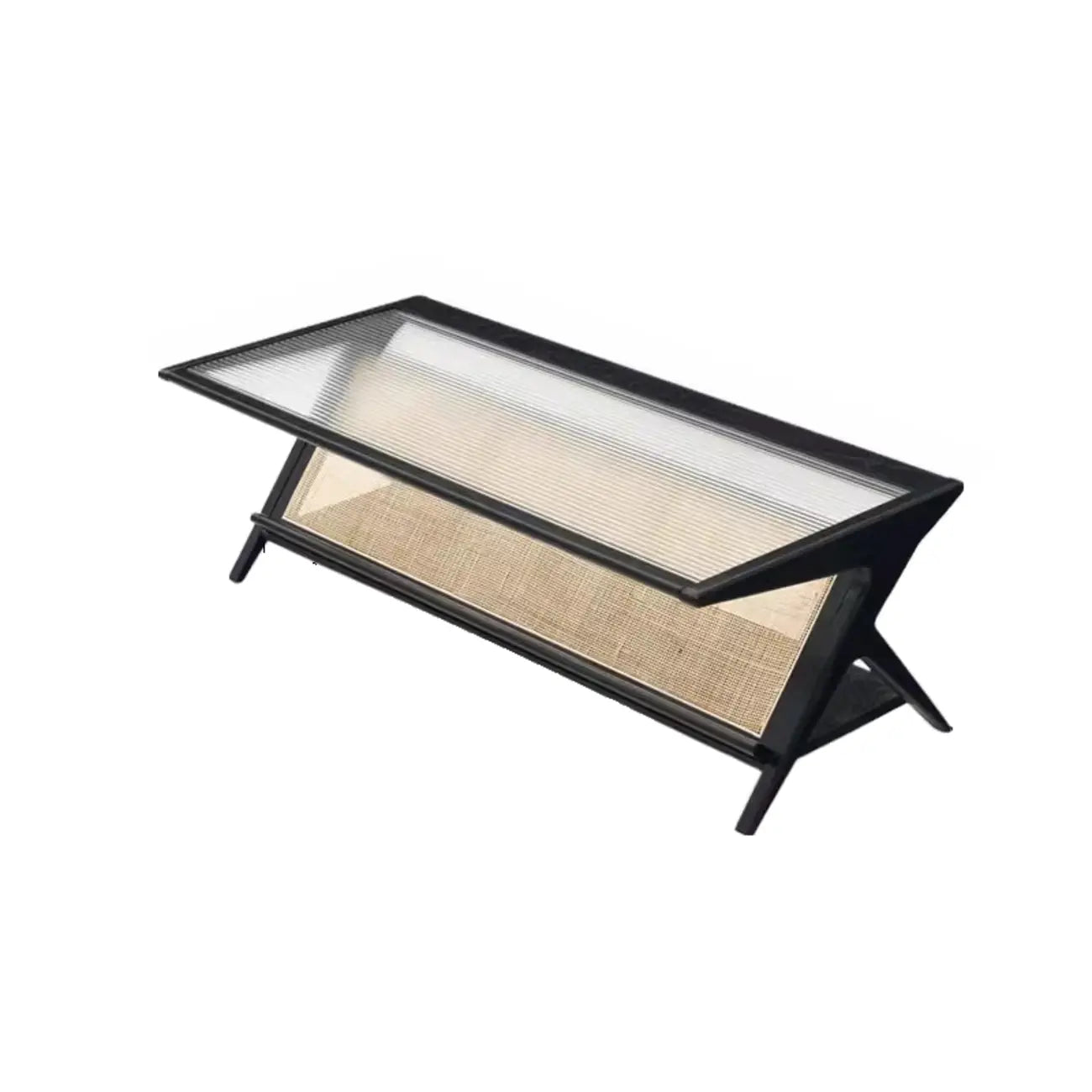 Table basse rectangulaire moderne en verre et bois marron avec étagère