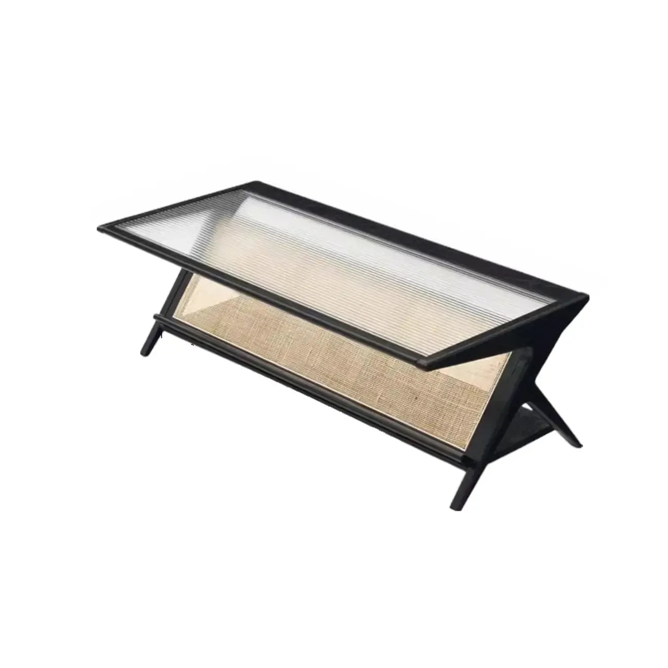 Table basse rectangulaire moderne en verre et bois marron avec étagère