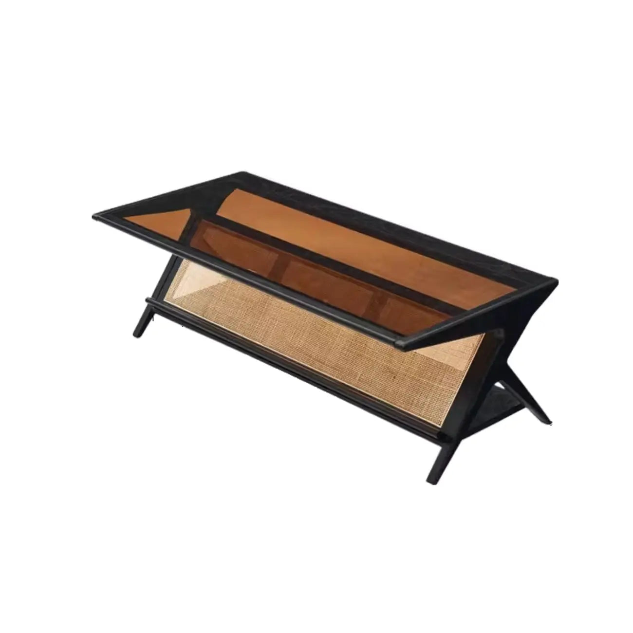 Table basse rectangulaire moderne en verre et bois marron avec étagère
