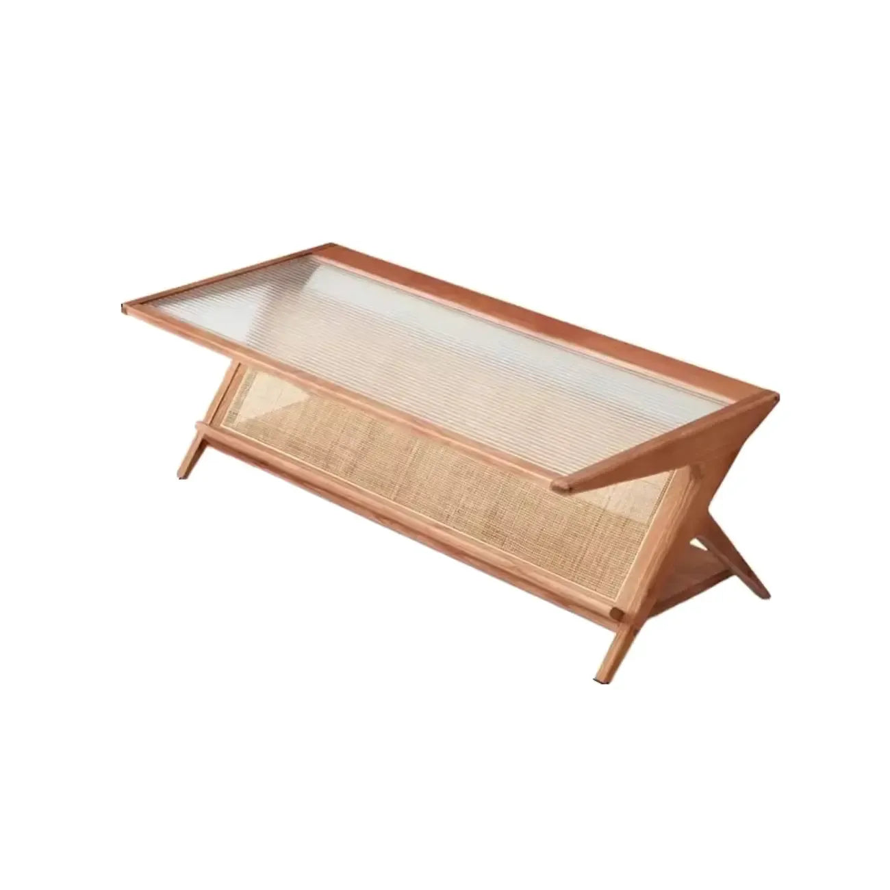 Table basse rectangulaire moderne en verre et bois marron avec étagère