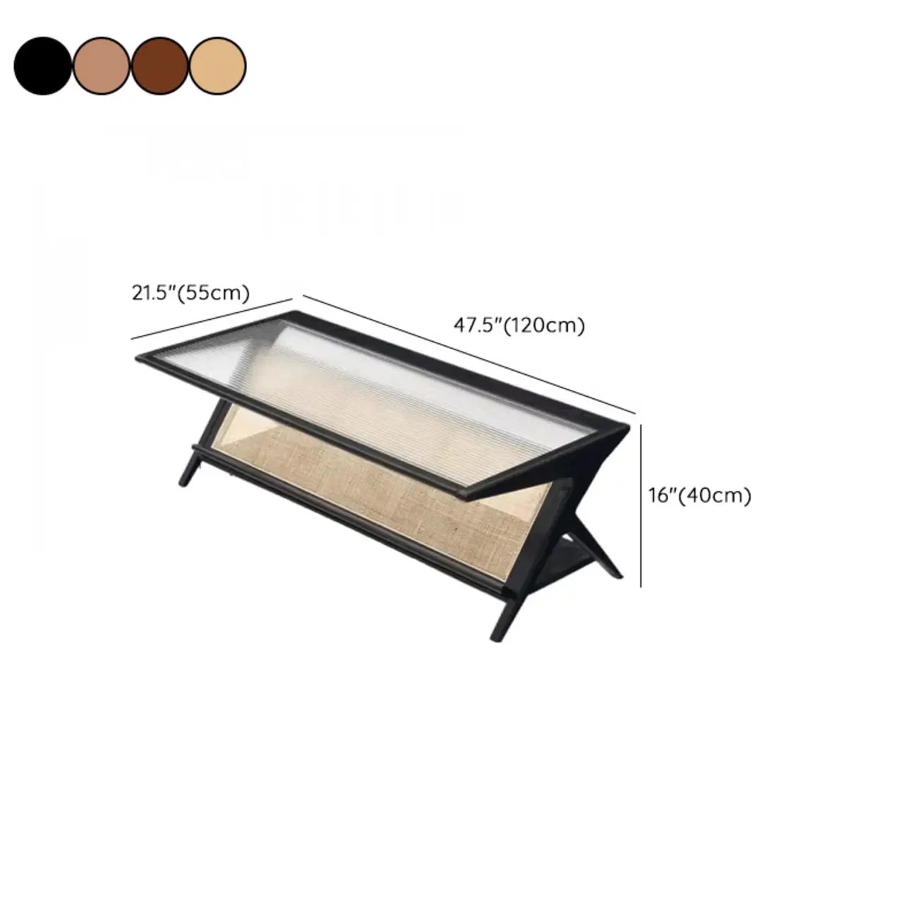 Table basse rectangulaire moderne en verre et bois marron avec étagère