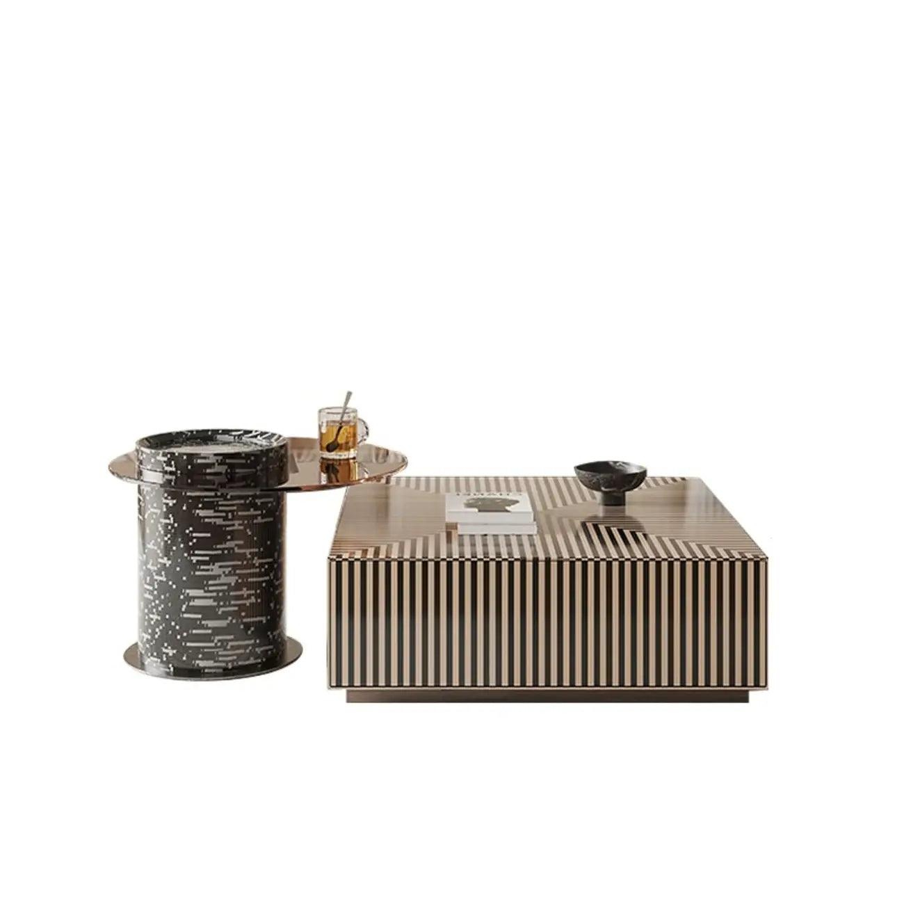 Table basse ronde à tiroirs en bois à rayures noires et blanches