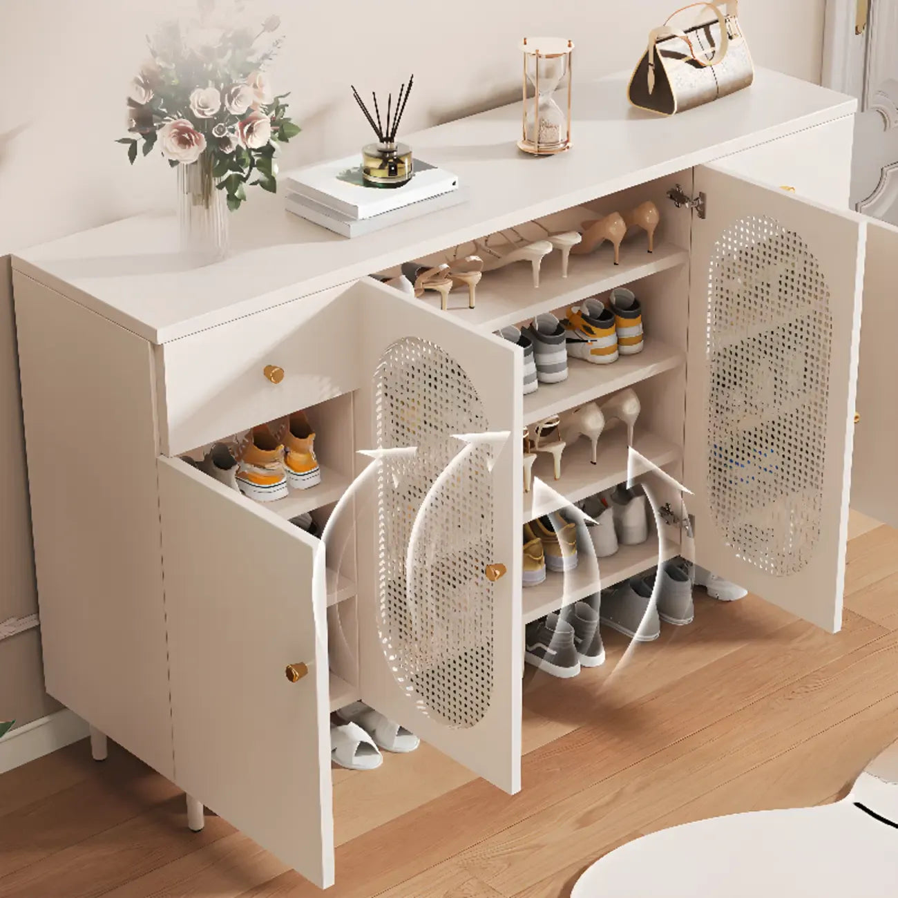 Meuble à chaussures d'entrée moderne en bois blanc avec portes