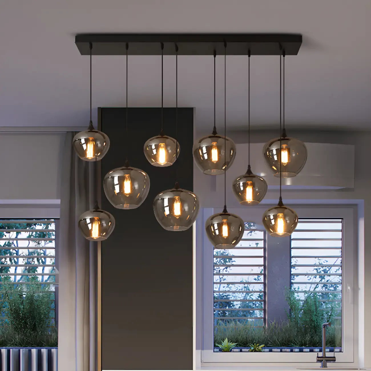 Suspension moderne en verre gris pour îlot de cuisine