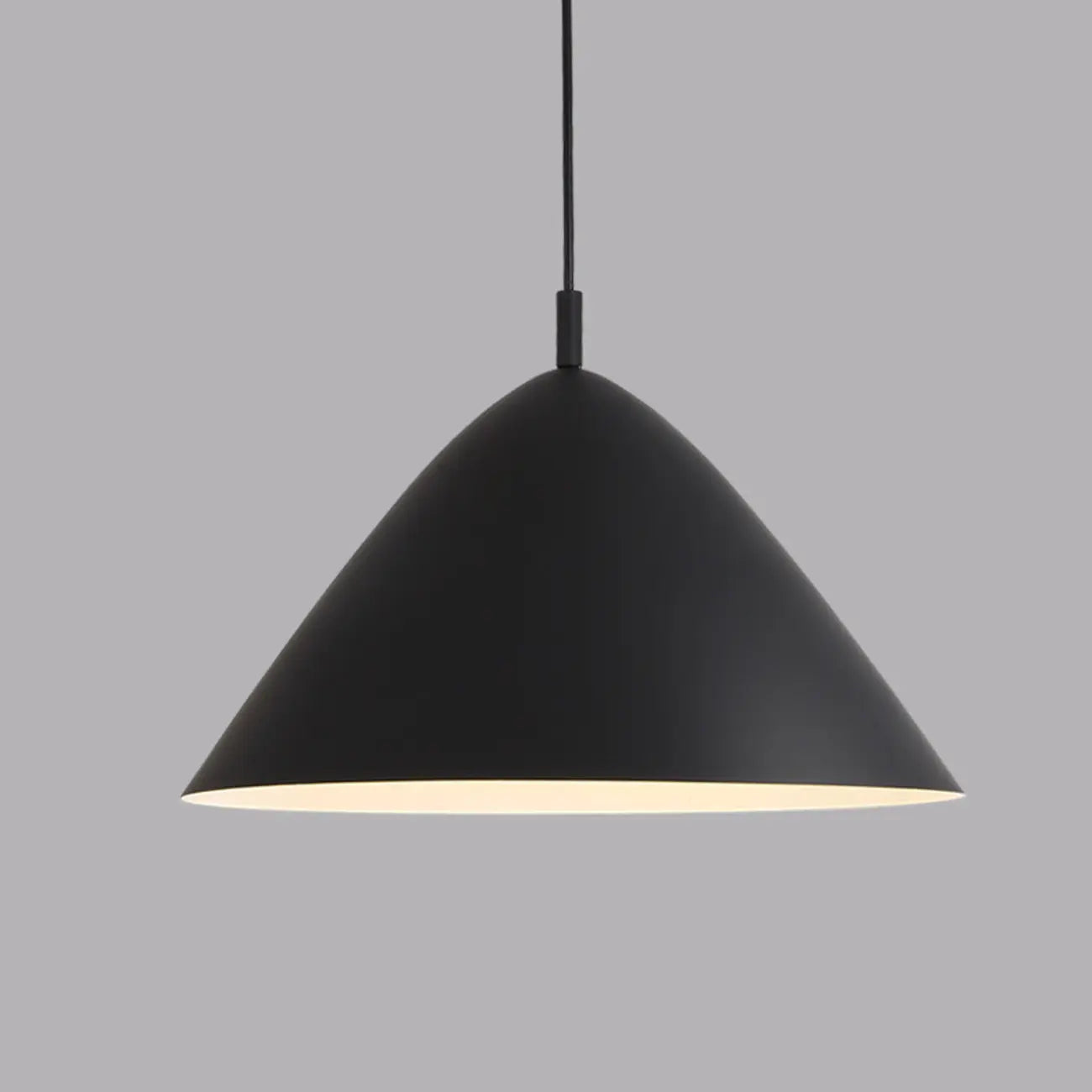 Suspension industrielle en métal noir avec dôme et chaîne.