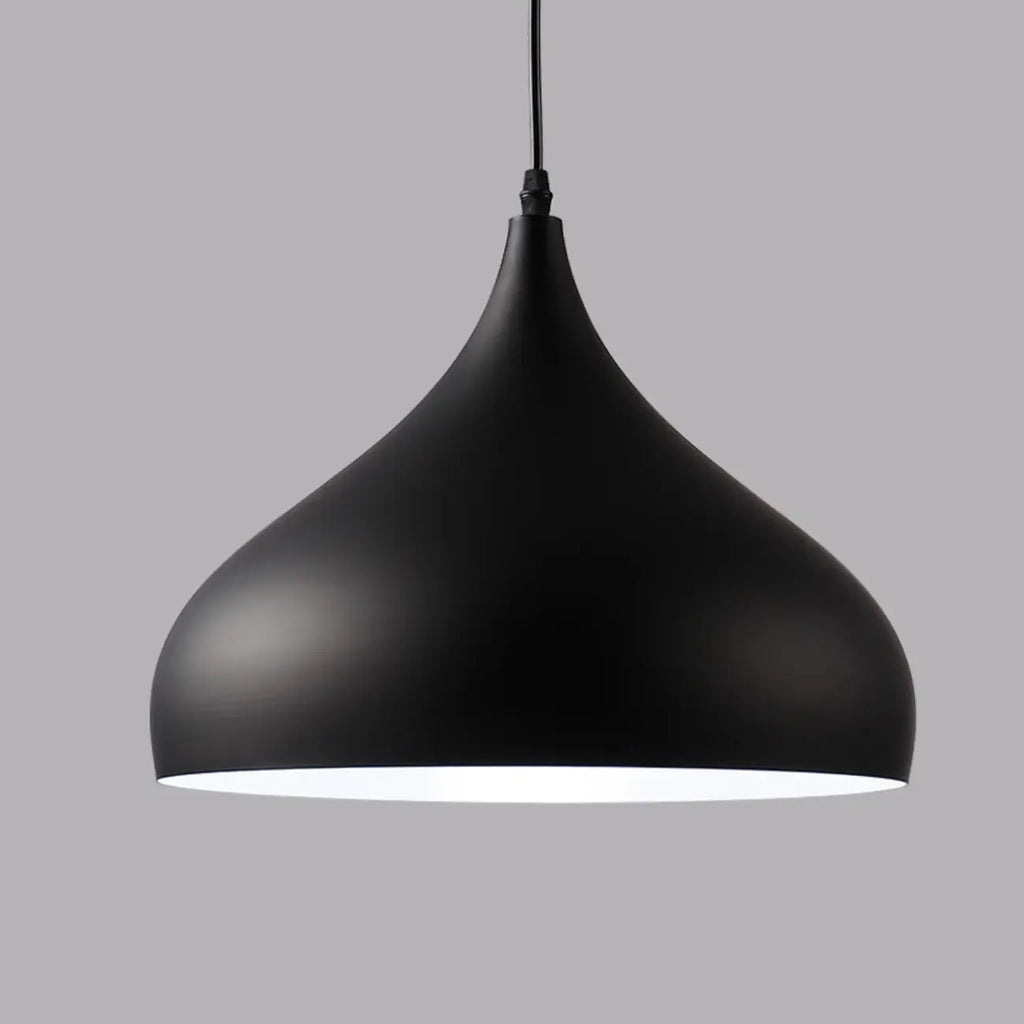 Suspension industrielle en métal noir avec dôme et chaîne.