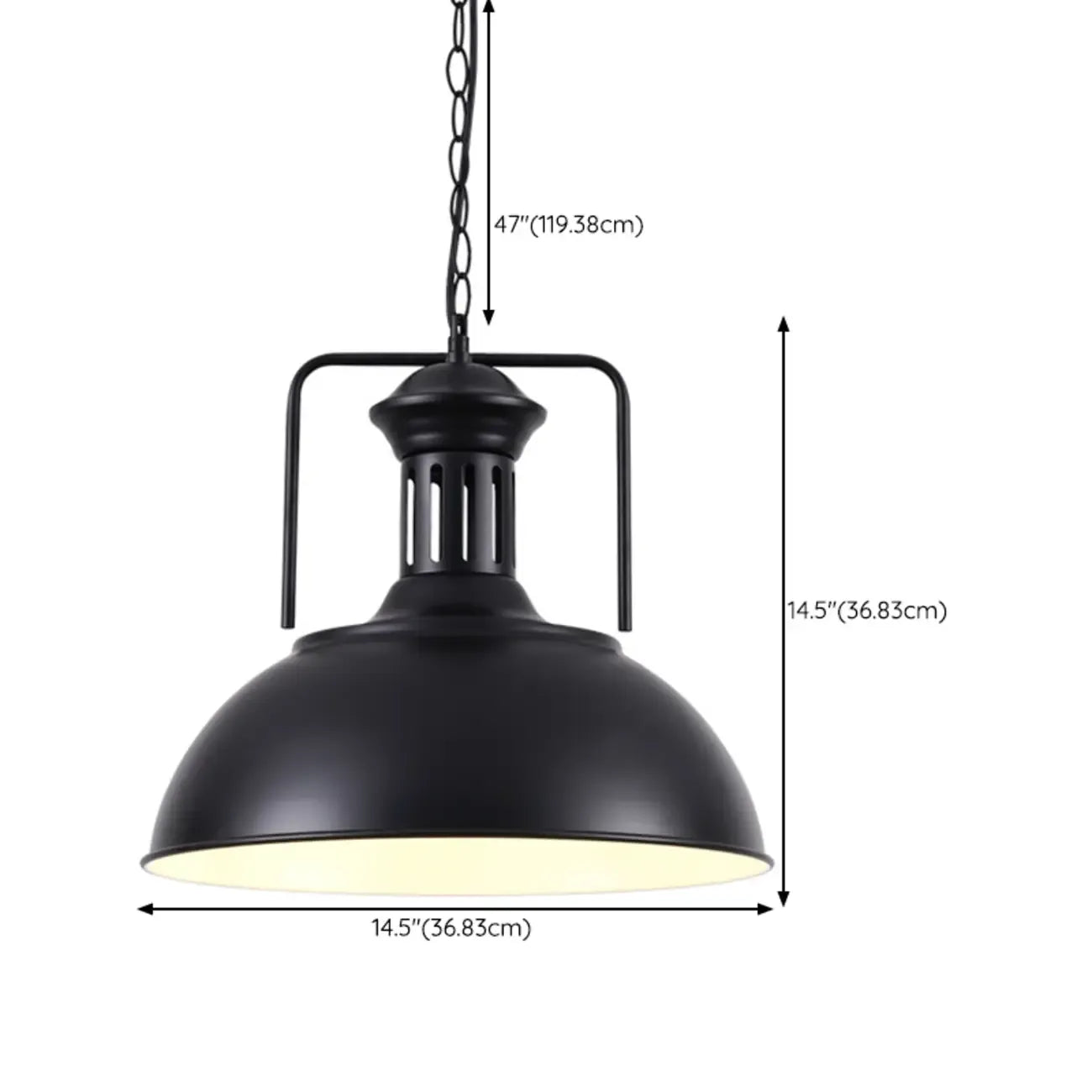 Suspension industrielle en métal noir avec dôme et chaîne.