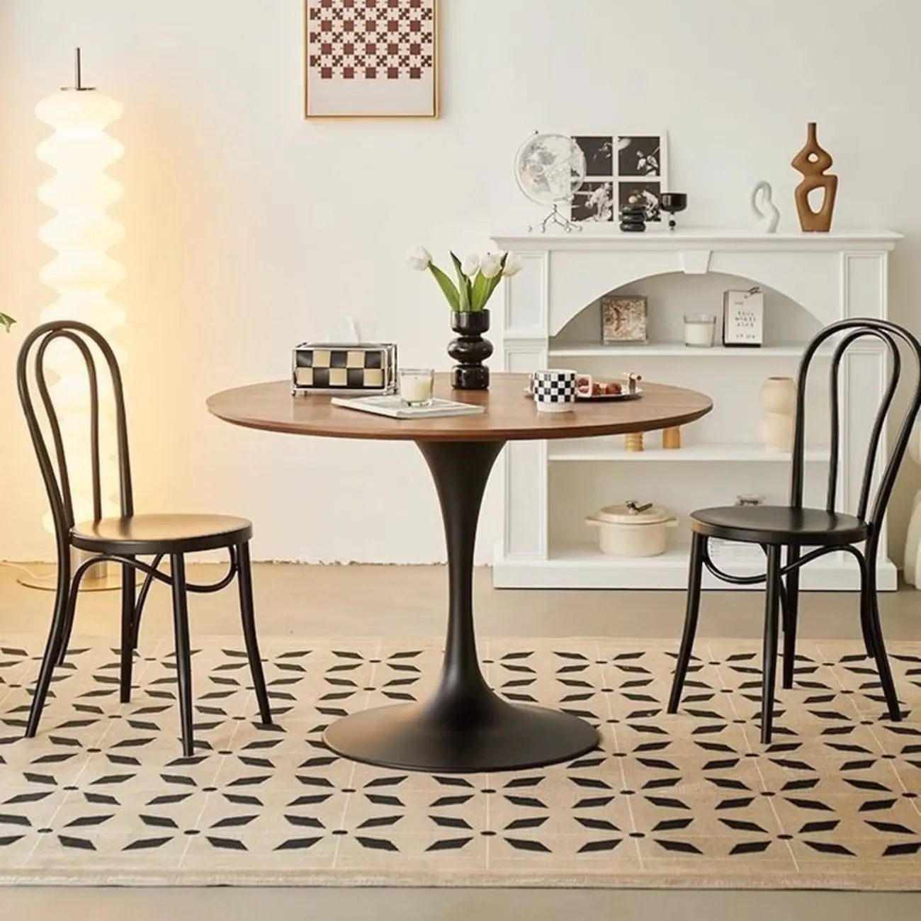 Table de salle à manger ronde décontractée en métal noir et bois