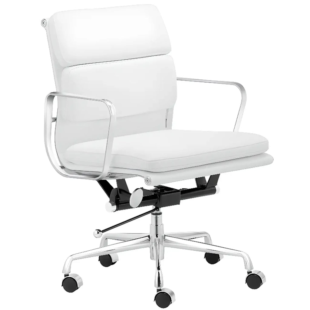 Fauteuil de bureau pivotant moderne en métal argenté et cuir blanc