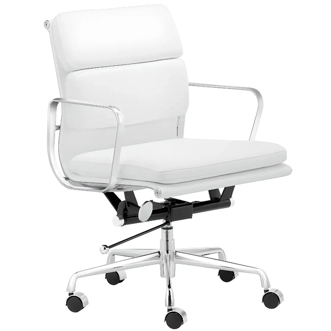 Fauteuil de bureau pivotant moderne en métal argenté et cuir blanc