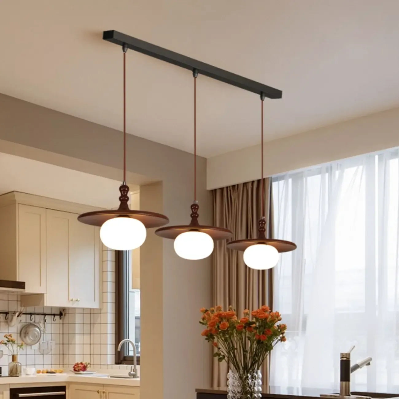 Suspension moderne en forme de disque de bois réglable pour îlot de cuisine