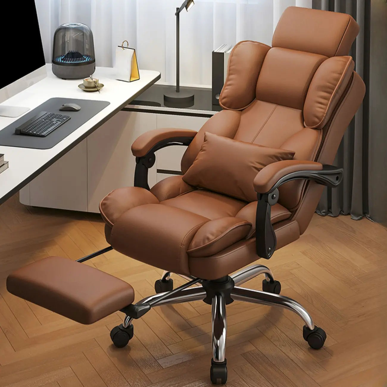 Fauteuil de bureau ergonomique inclinable en cuir marron