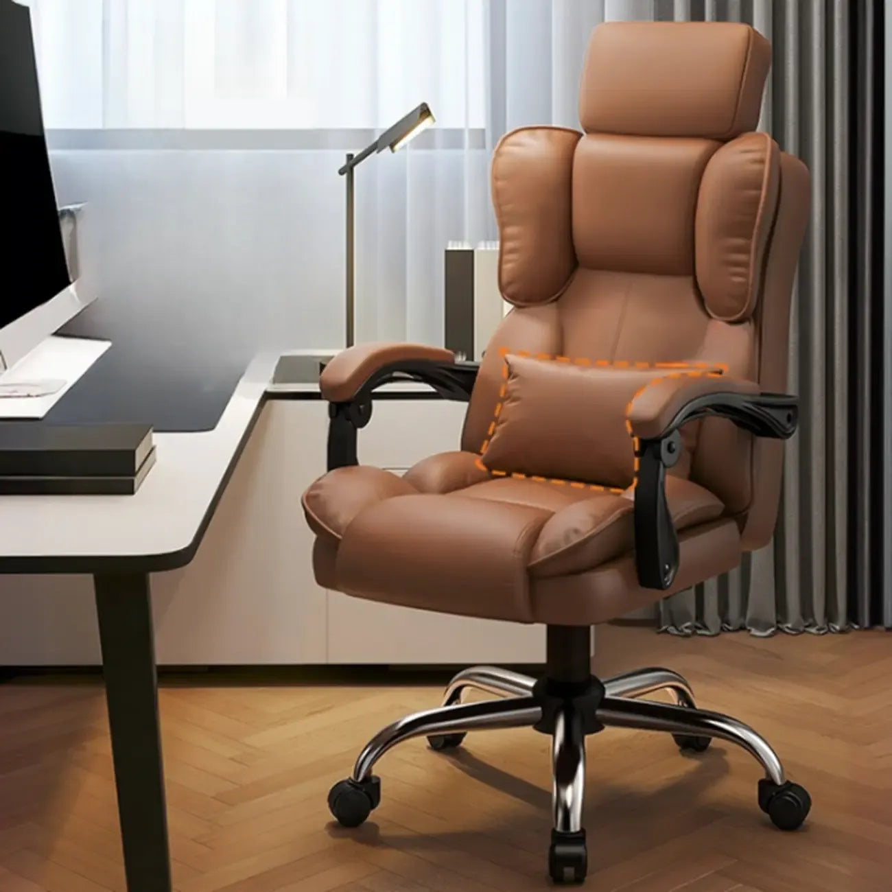 Fauteuil de bureau ergonomique inclinable en cuir marron