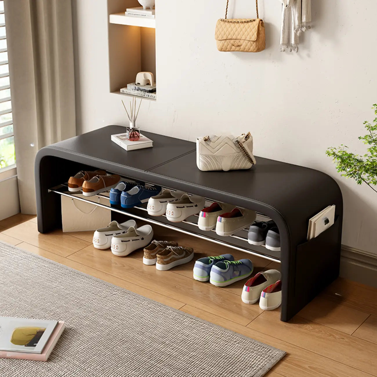 Banc d'entrée arqué avec coussins en similicuir et rangement intégré