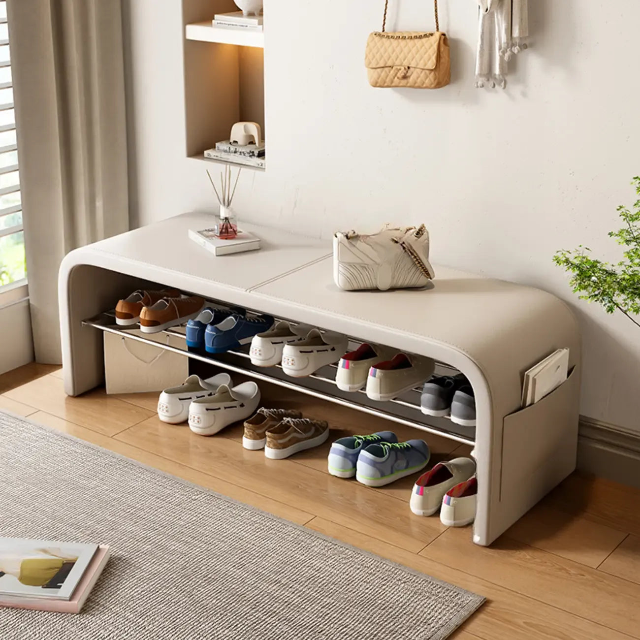 Banc d'entrée arqué avec coussins en similicuir et rangement intégré