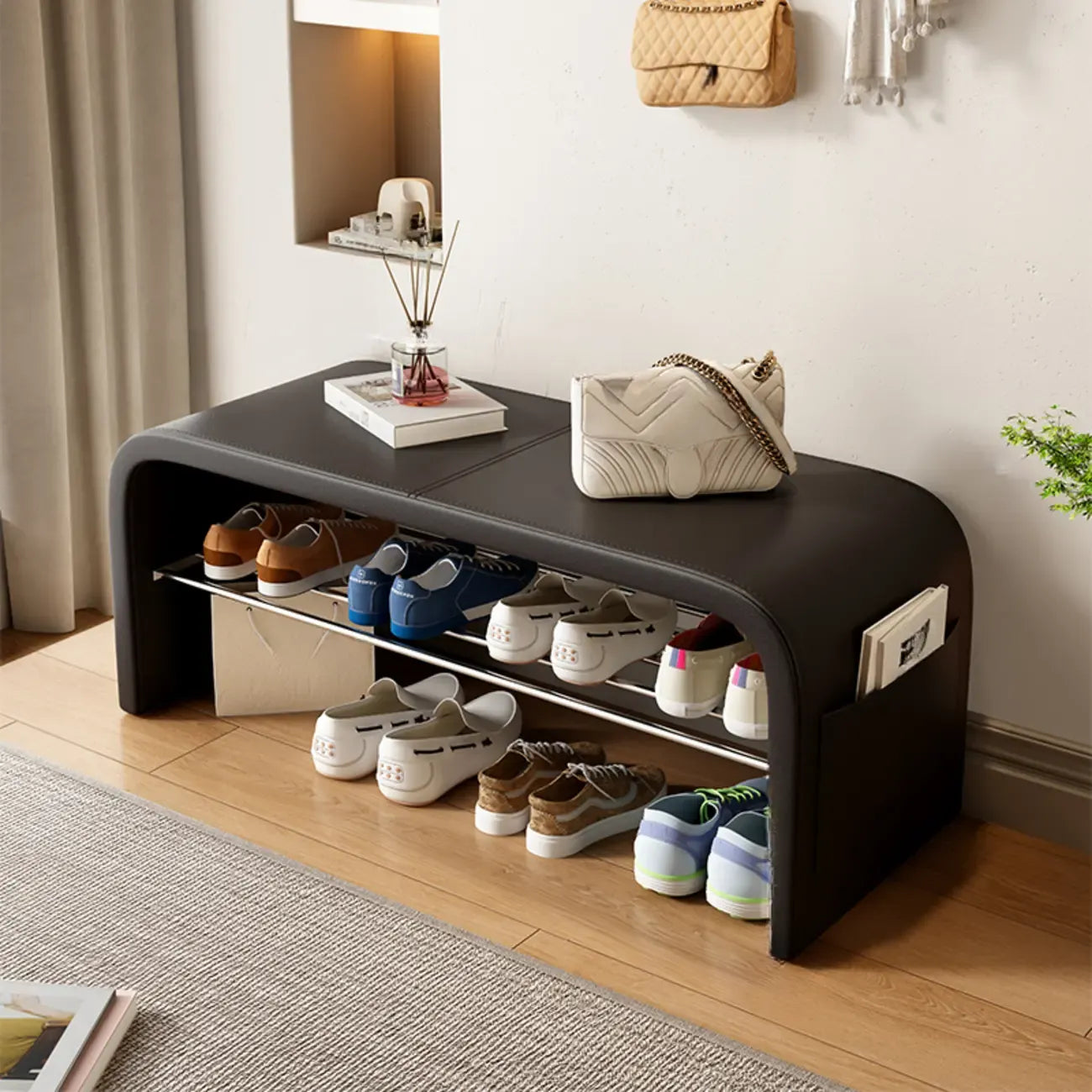 Banc d'entrée arqué avec coussins en similicuir et rangement intégré