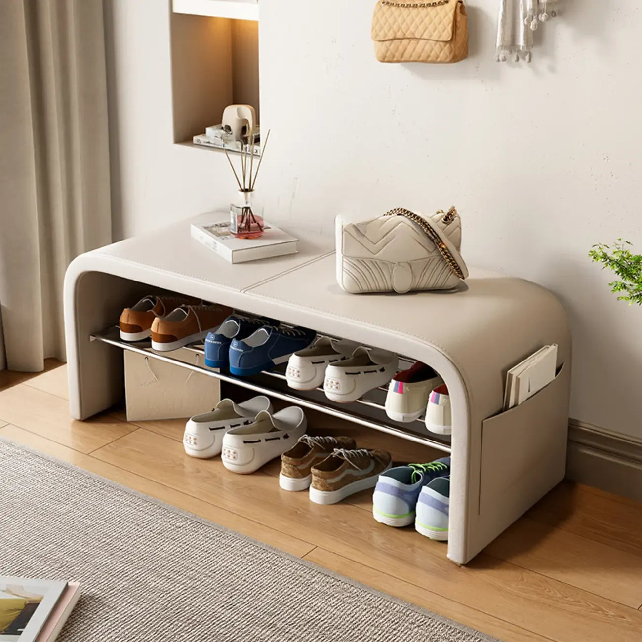 Banc d'entrée arqué avec coussins en similicuir et rangement intégré