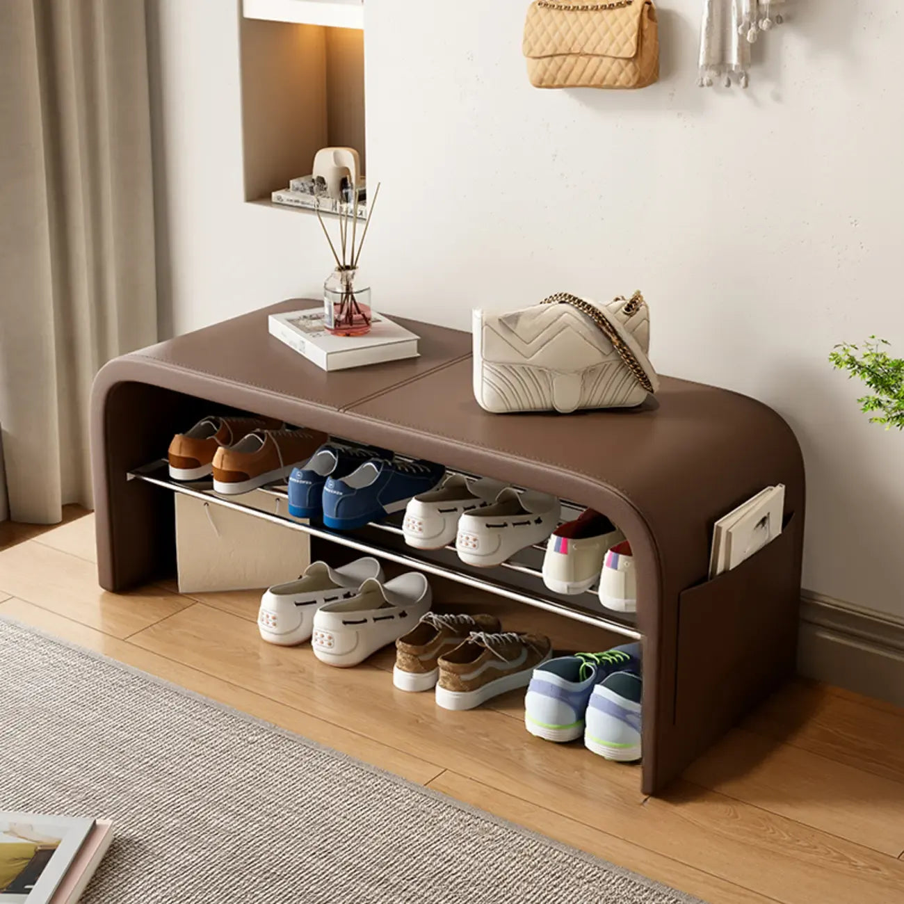 Banc d'entrée arqué avec coussins en similicuir et rangement intégré