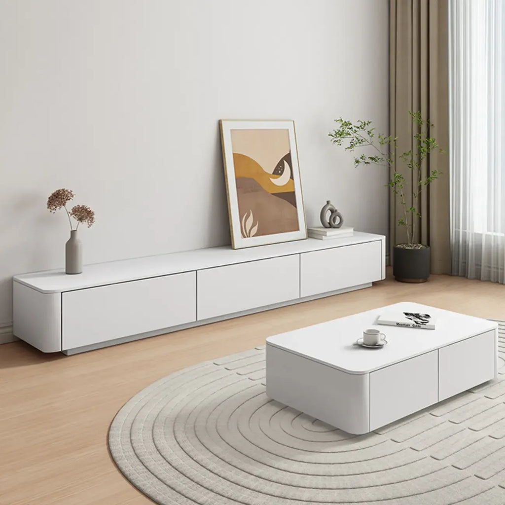 Meuble TV long et moderne en bois blanc avec tiroirs