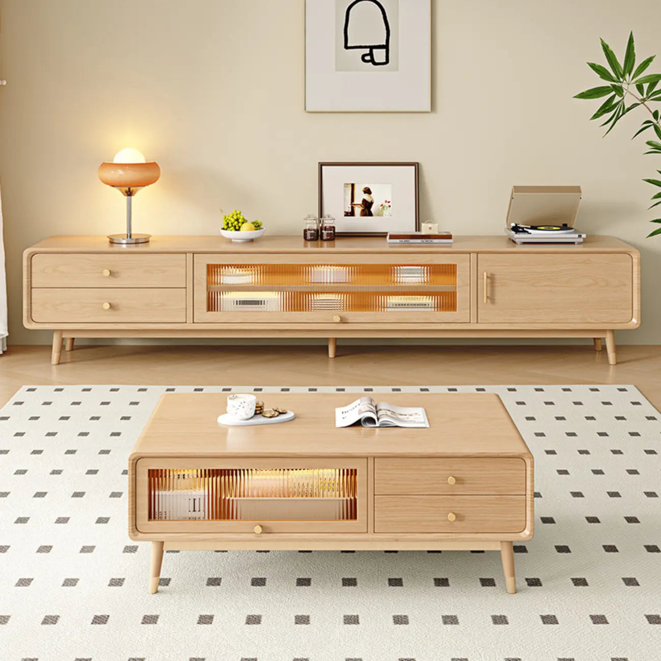 Meuble TV scandinave en bois naturel avec tiroirs de rangement