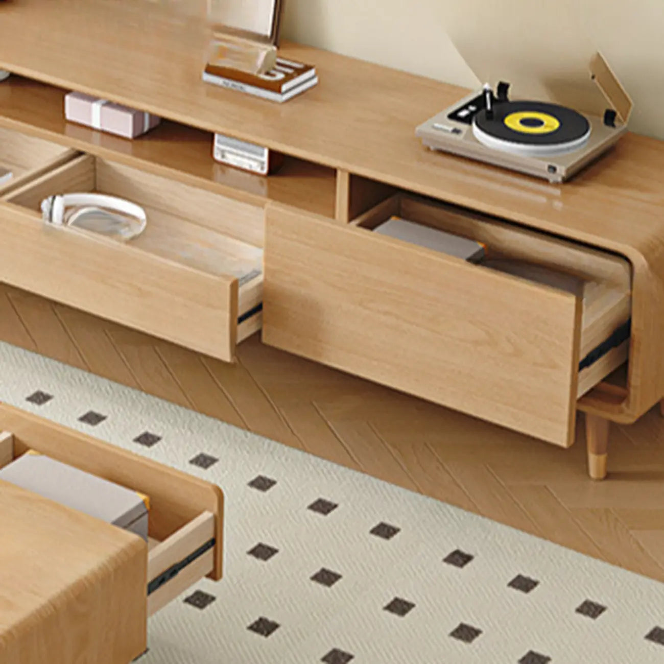 Meuble TV scandinave en bois naturel avec tiroirs de rangement