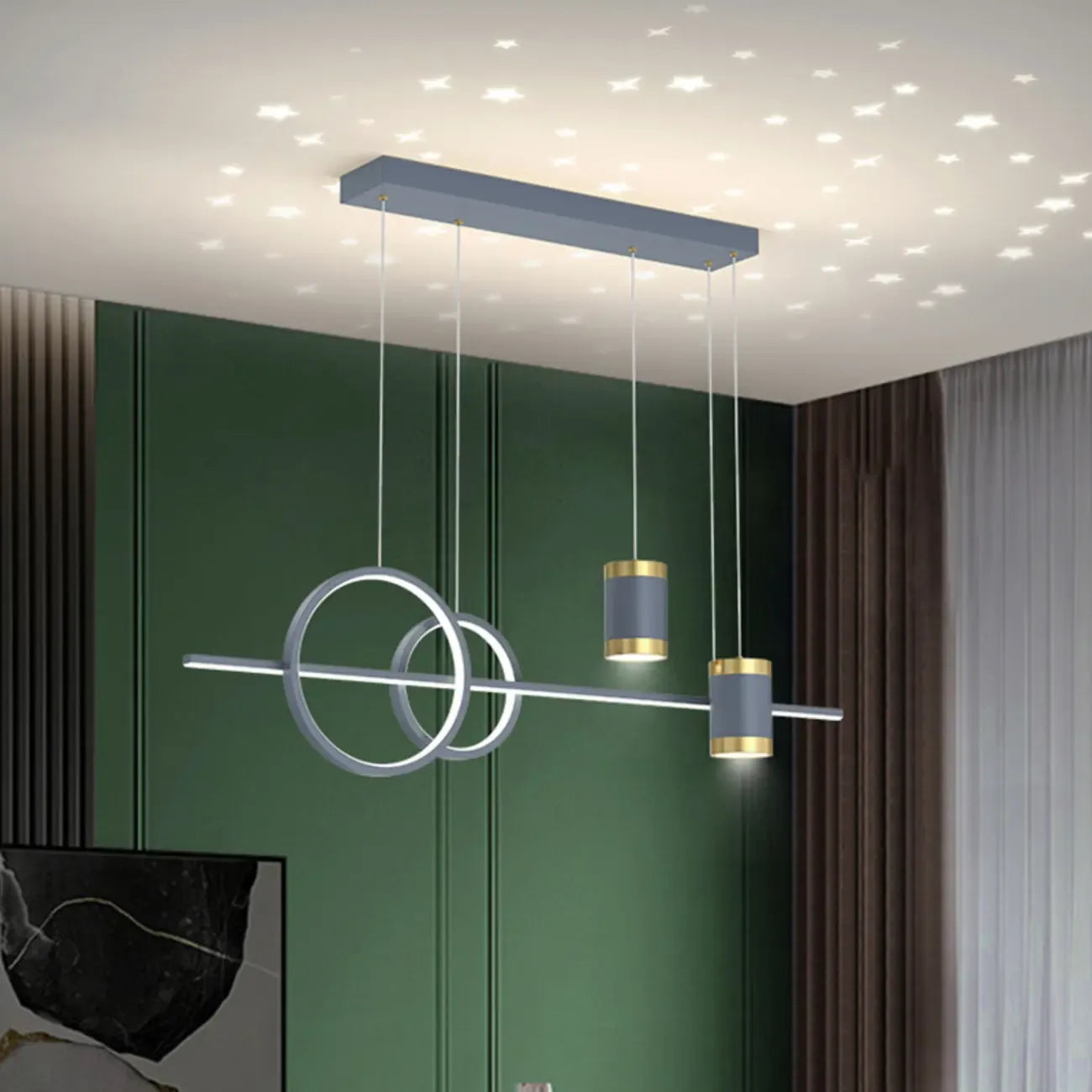 Luminaire linéaire élégant en métal à LED pour îlot central, réglable, idéal pour la salle à manger.