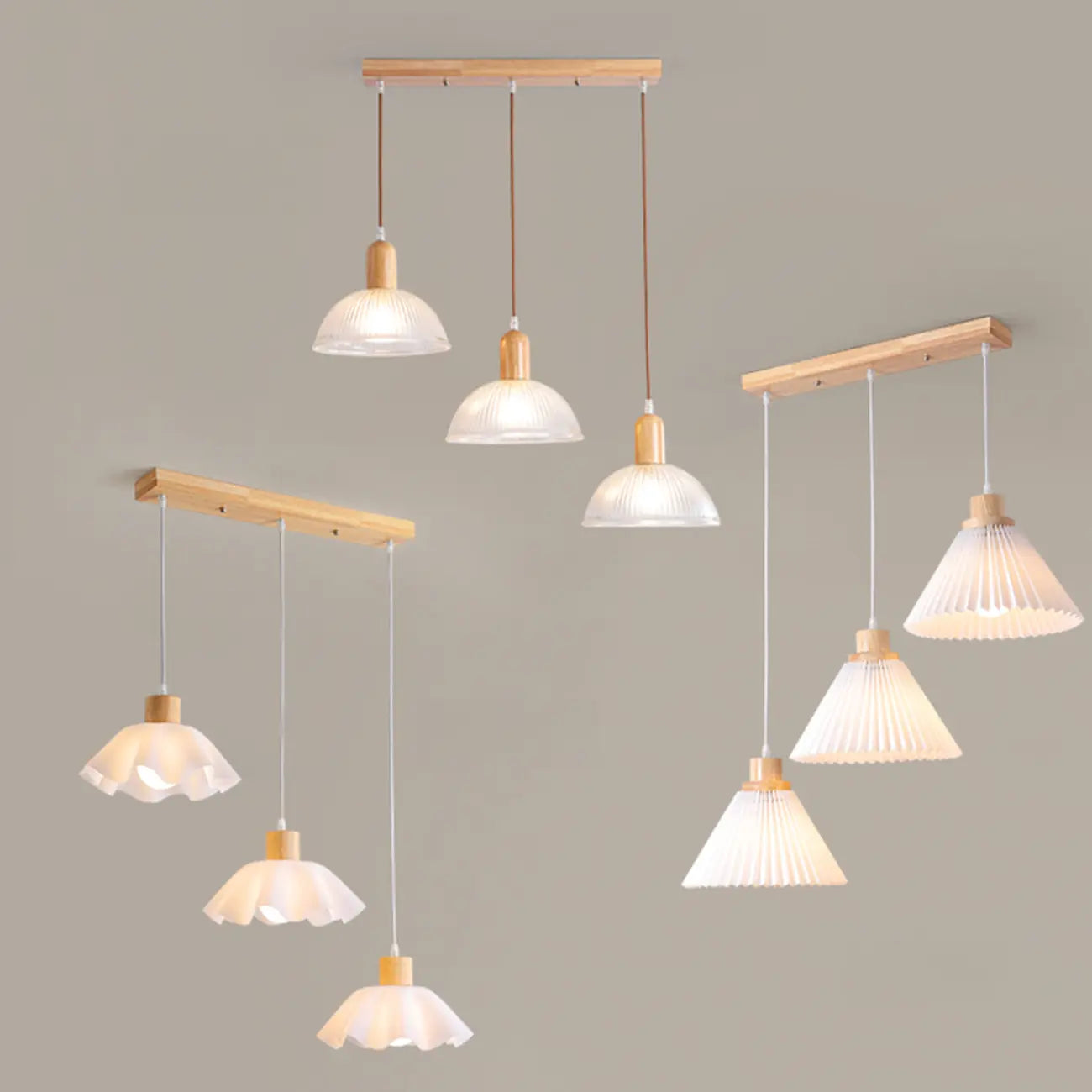 Suspension moderne à 3 lumières en bois et verre pour îlot de cuisine