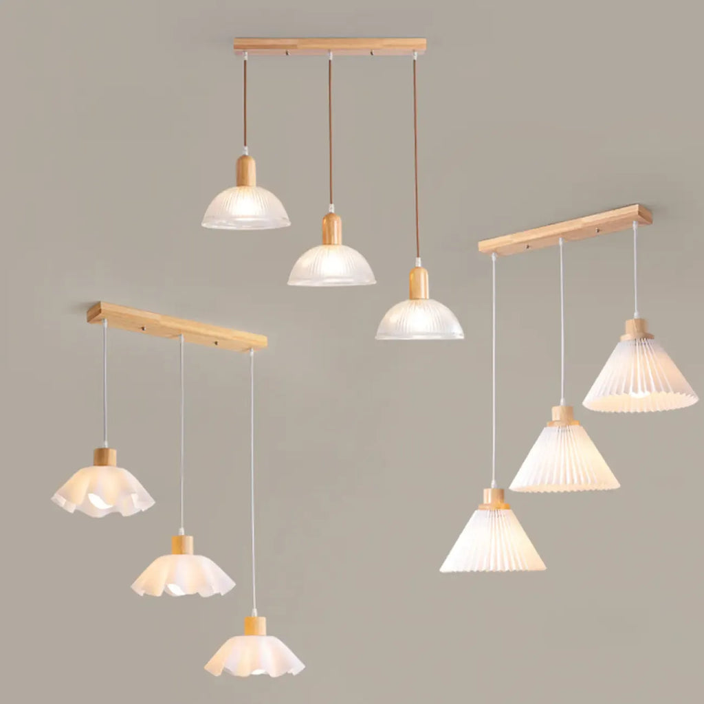 Suspension moderne à 3 lumières en bois et verre pour îlot de cuisine
