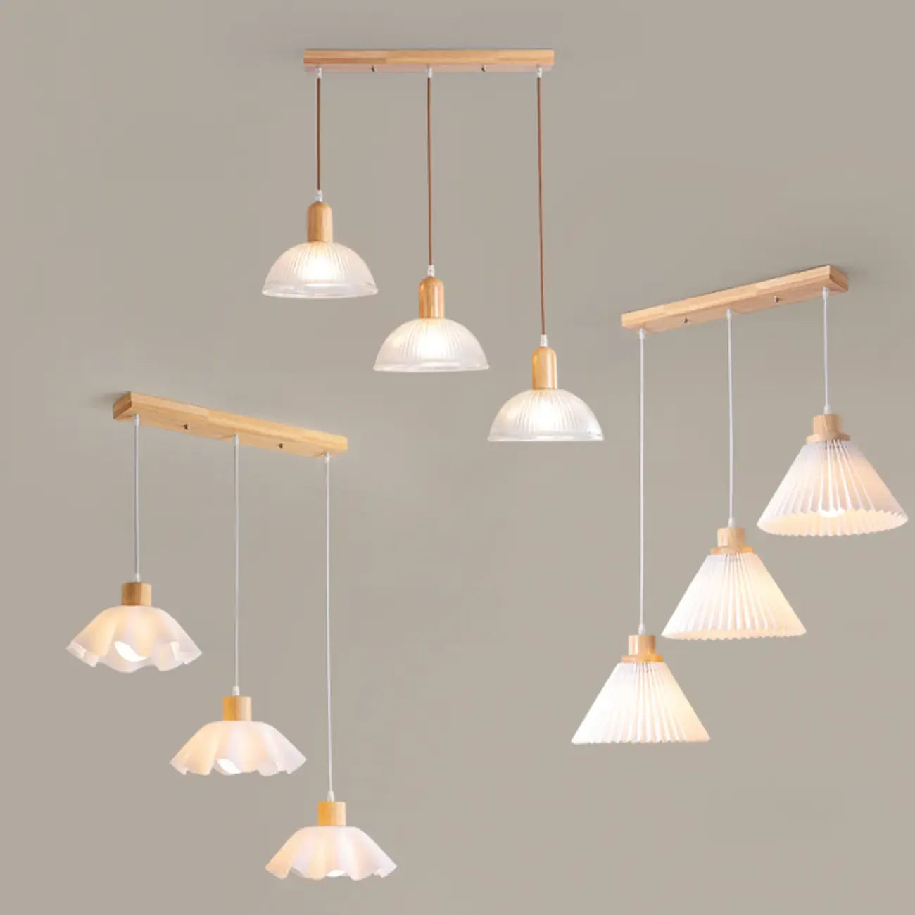 Suspension moderne à 3 lumières en bois et verre pour îlot de cuisine