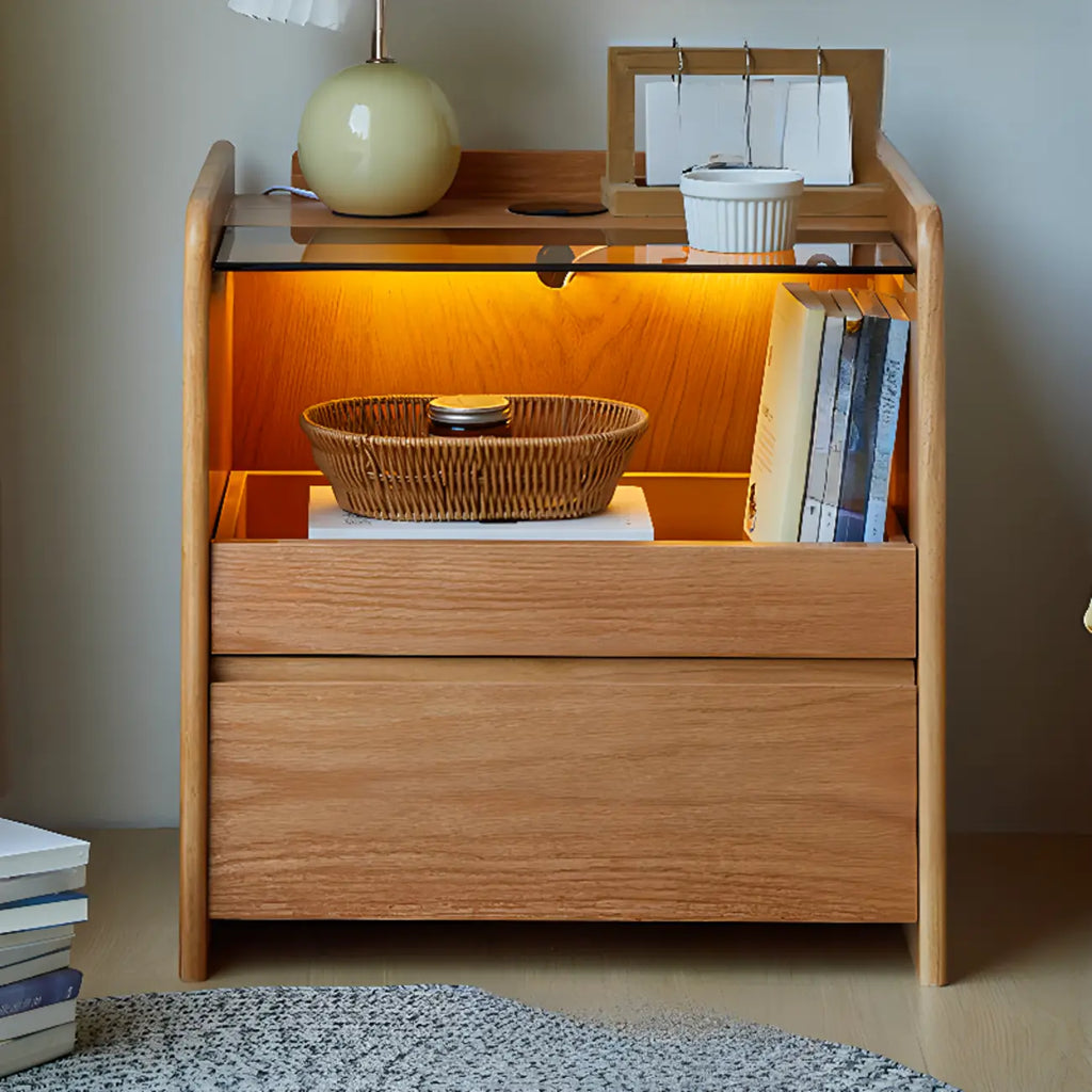 Table de chevet de rangement robuste en bois de cerisier avec éclairage intégré